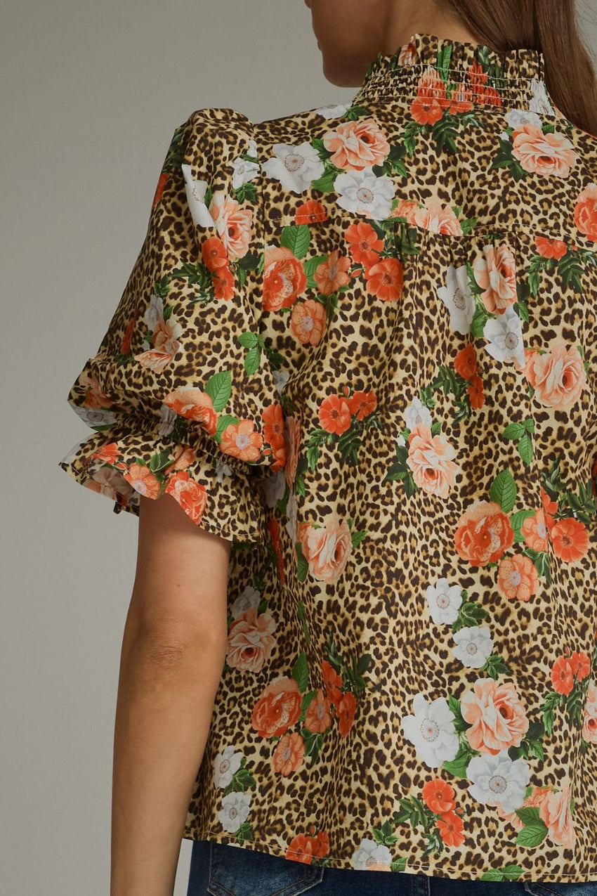 T32908 Floral Leopard Puff Sleeve Top