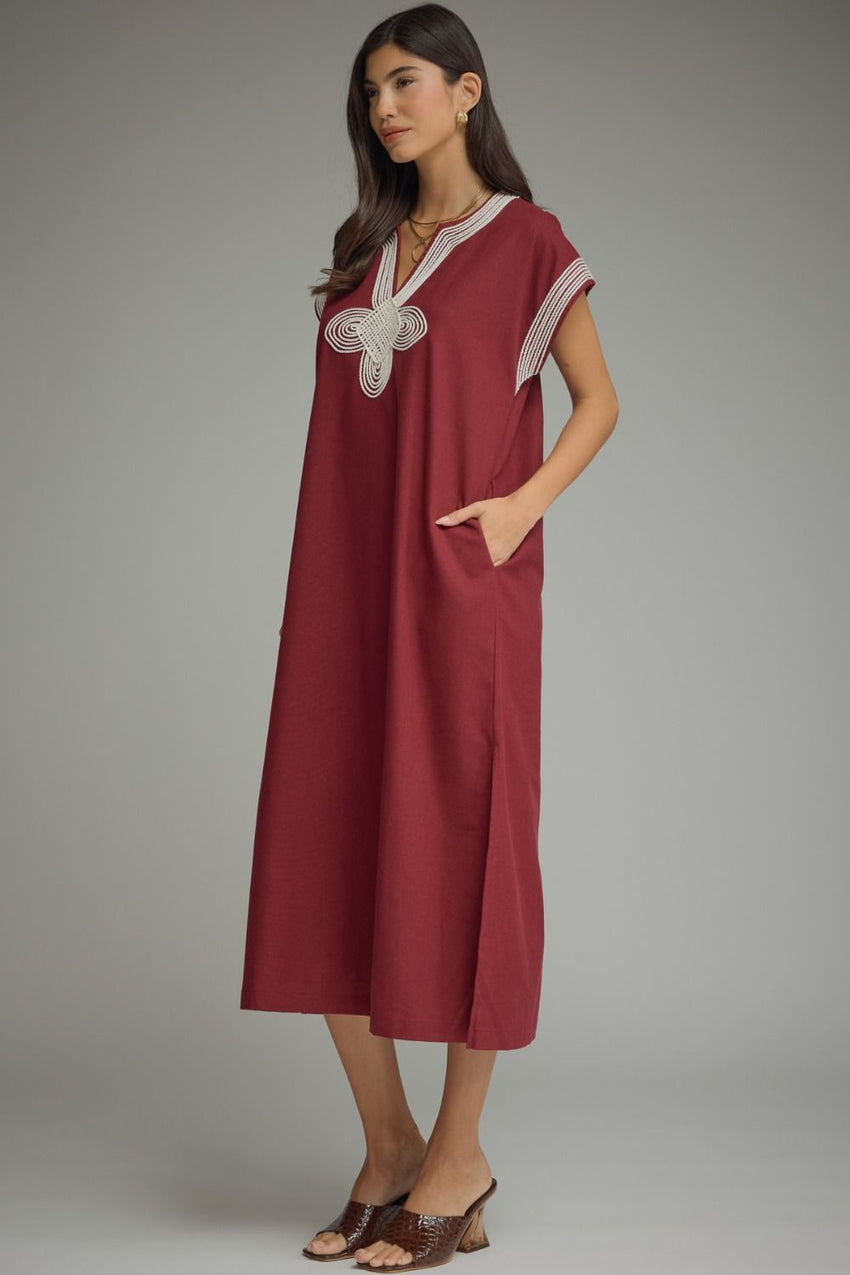 D29760 Wine SS MIDI Dress