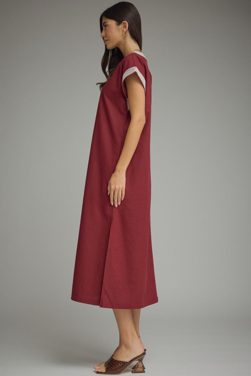 D29760 Wine SS MIDI Dress