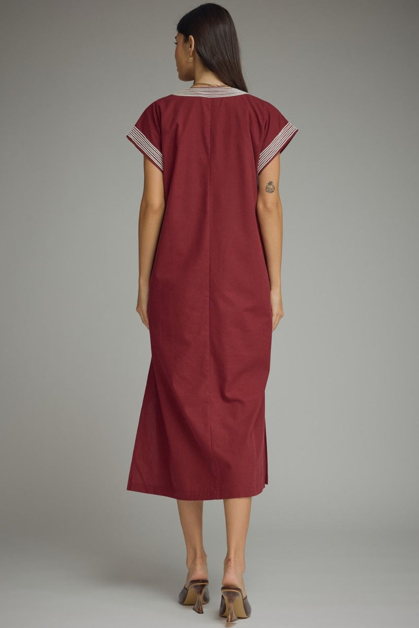 D29760 Wine SS MIDI Dress