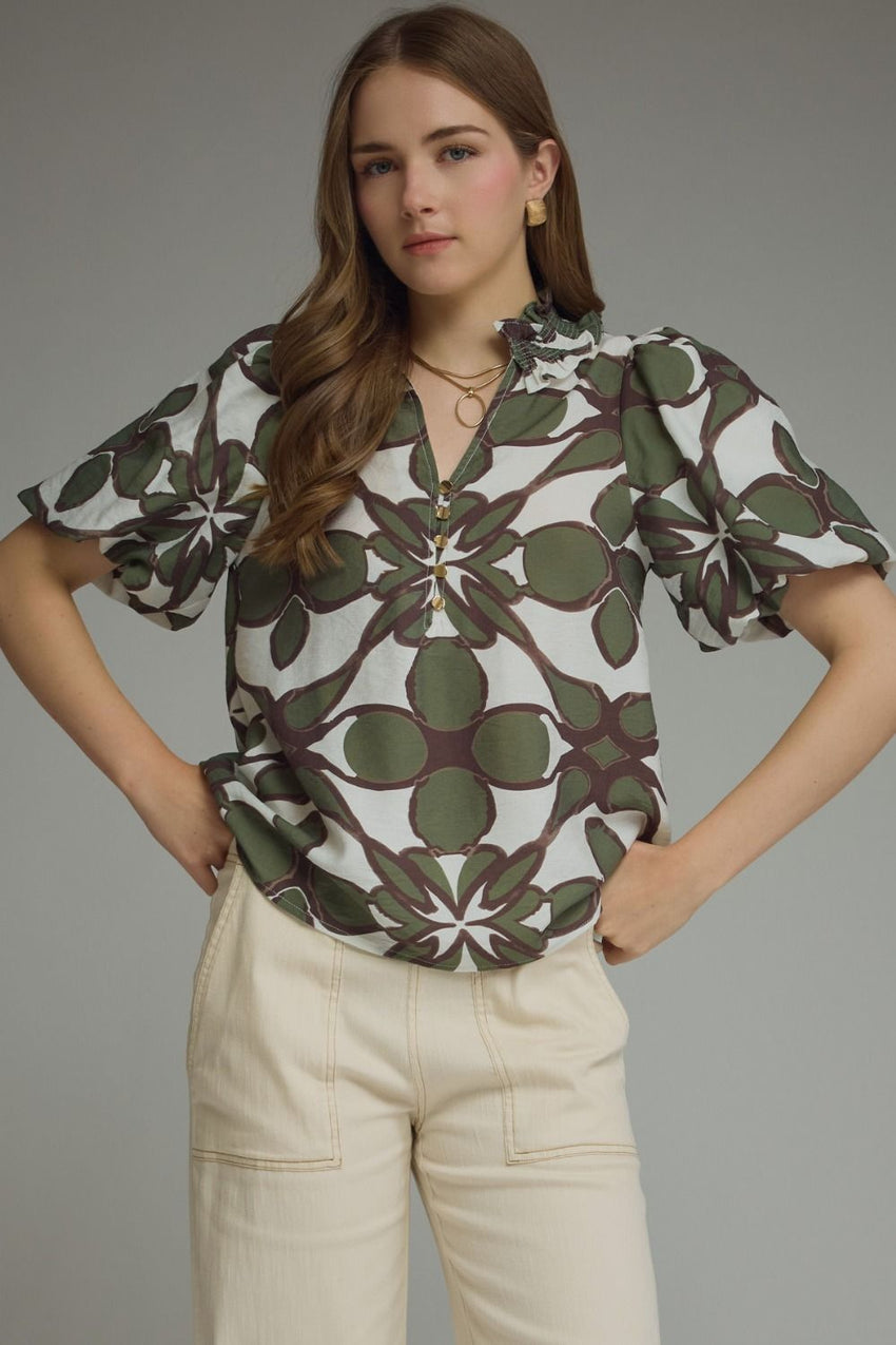 T29515 Olive Puff Sleeve Smocked Top