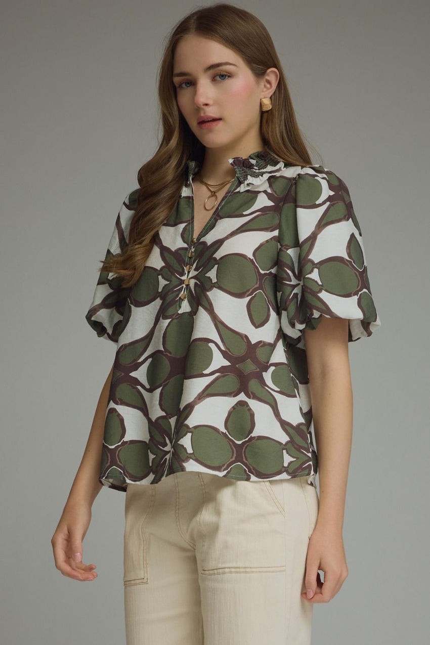 T29515 Olive Puff Sleeve Smocked Top