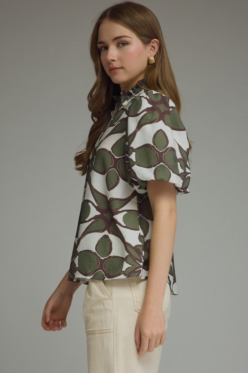 T29515 Olive Puff Sleeve Smocked Top