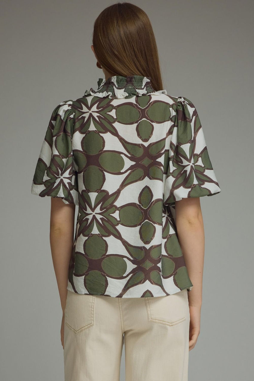 T29515 Olive Puff Sleeve Smocked Top