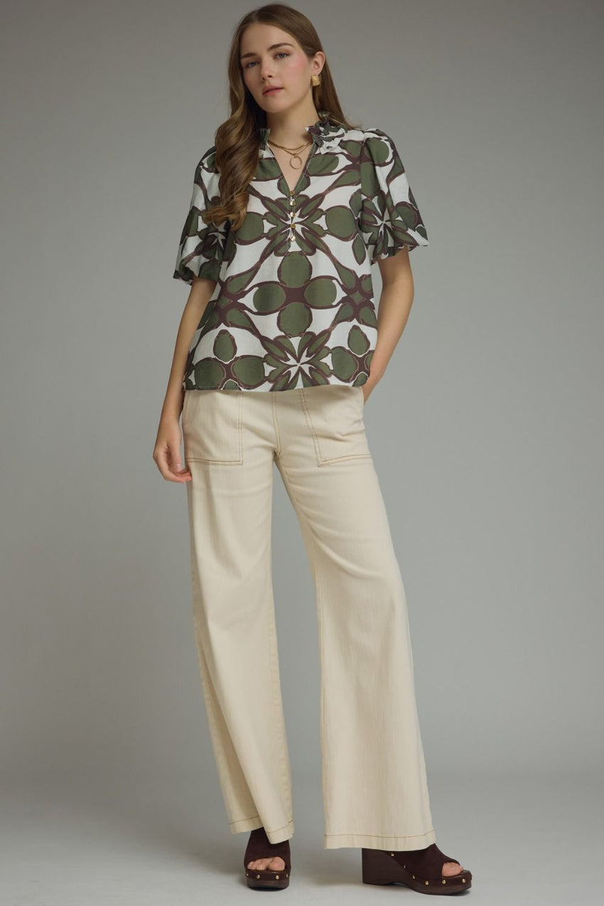 T29515 Olive Puff Sleeve Smocked Top