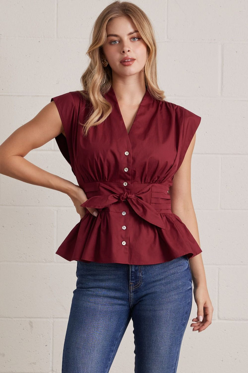 T32540 Burgundy V-neck Blouse