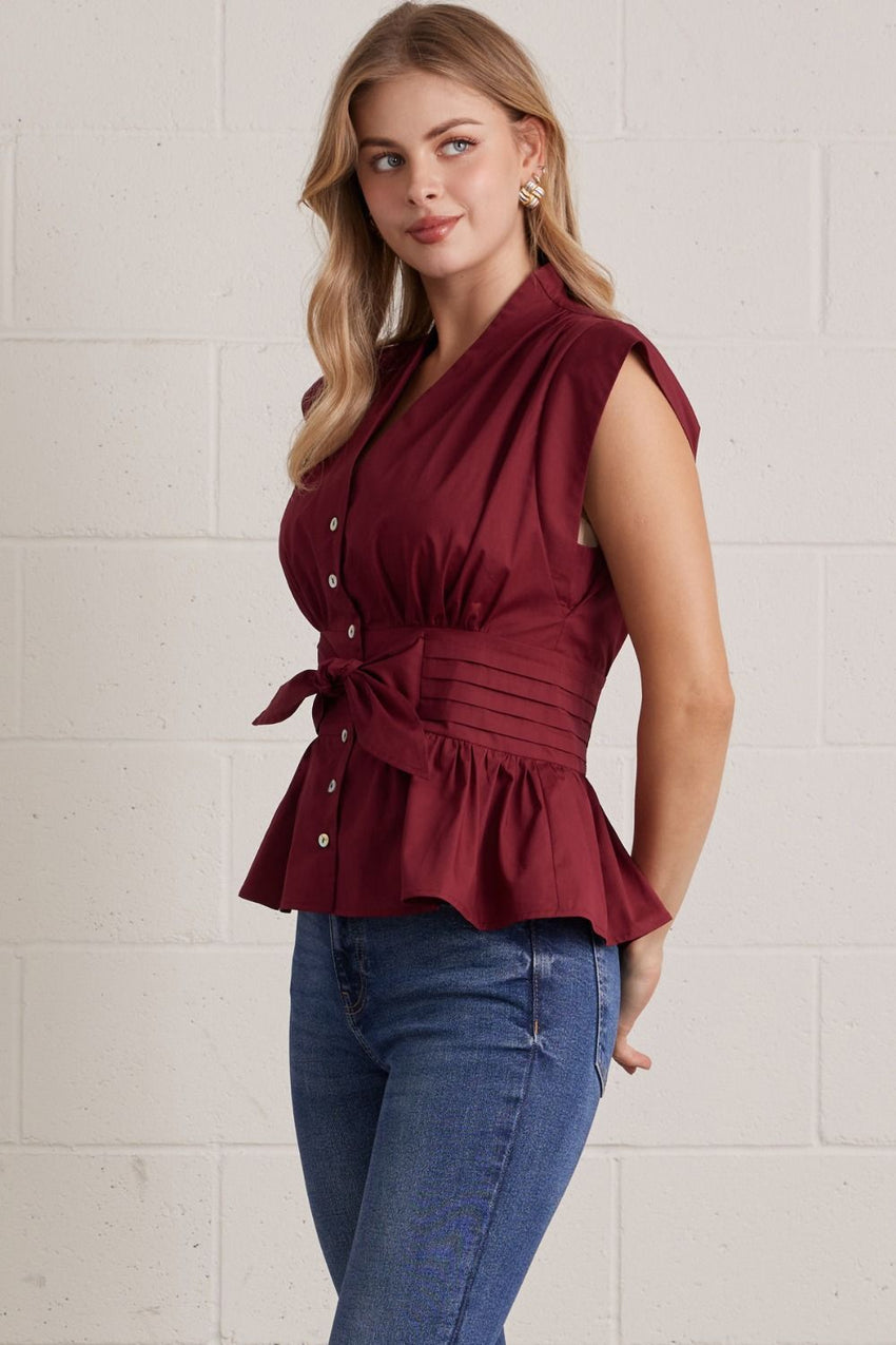 T32540 Burgundy V-neck Blouse