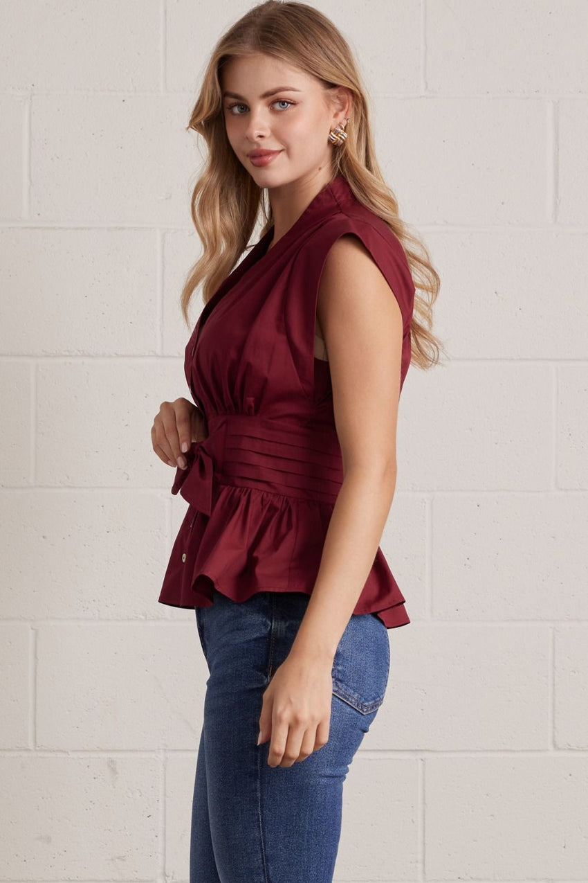 T32540 Burgundy V-neck Blouse