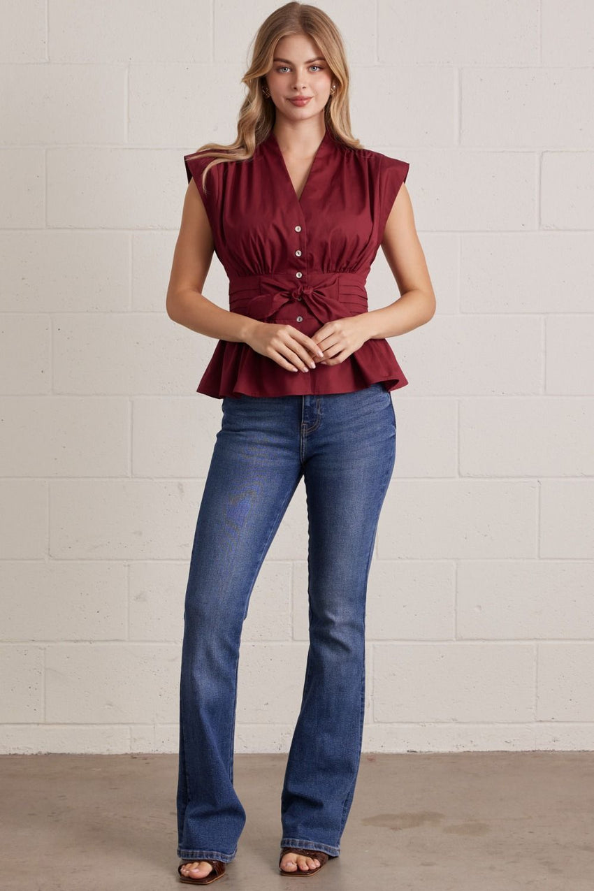 T32540 Burgundy V-neck Blouse