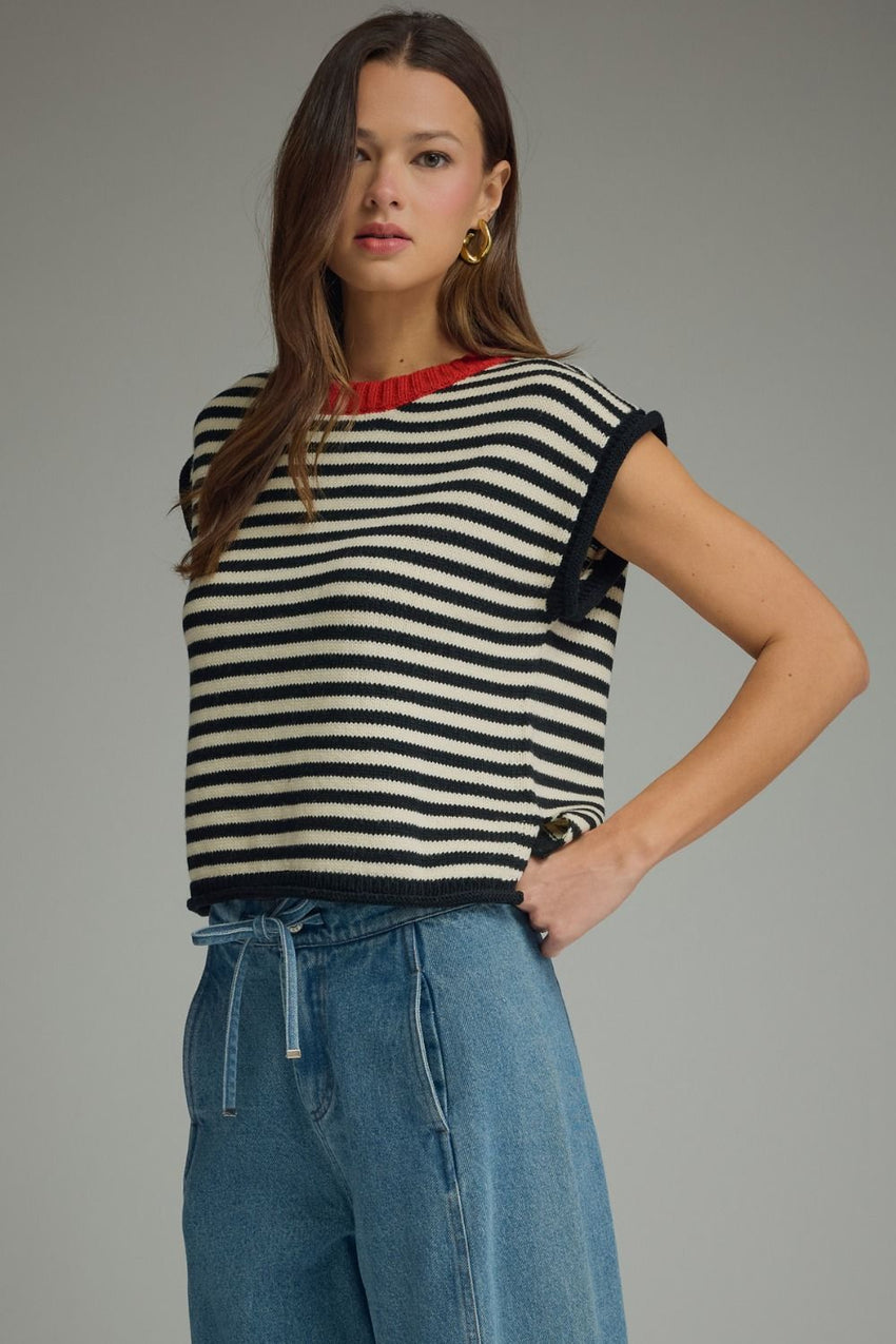 T31973 Cream Black Knit Sweater