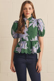 T30849 H Green Floral Puff Slv Top