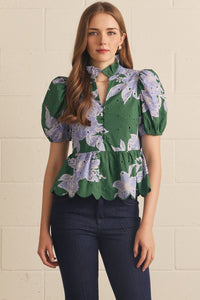 T30849 H Green Floral Puff Slv Top