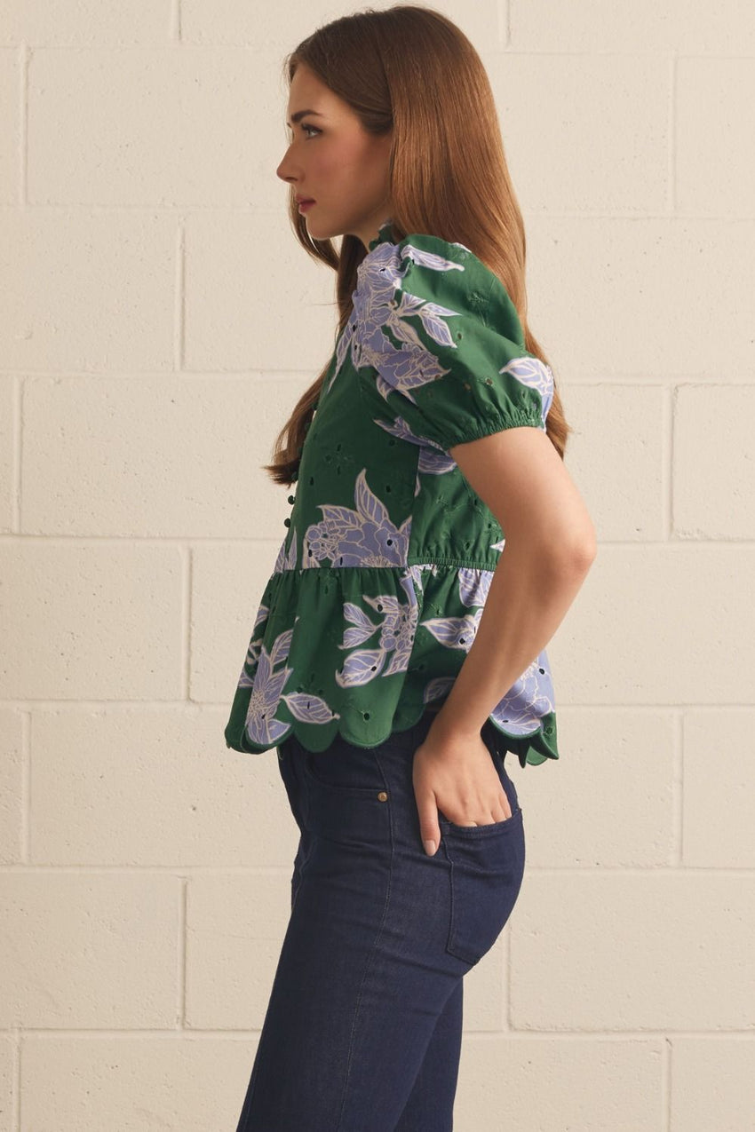 T30849 H Green Floral Puff Slv Top