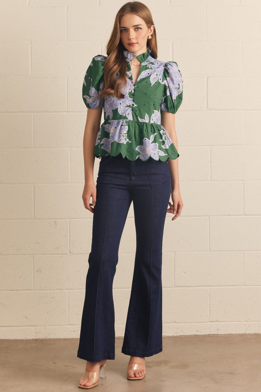 T30849 H Green Floral Puff Slv Top