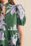 T30849 H Green Floral Puff Slv Top