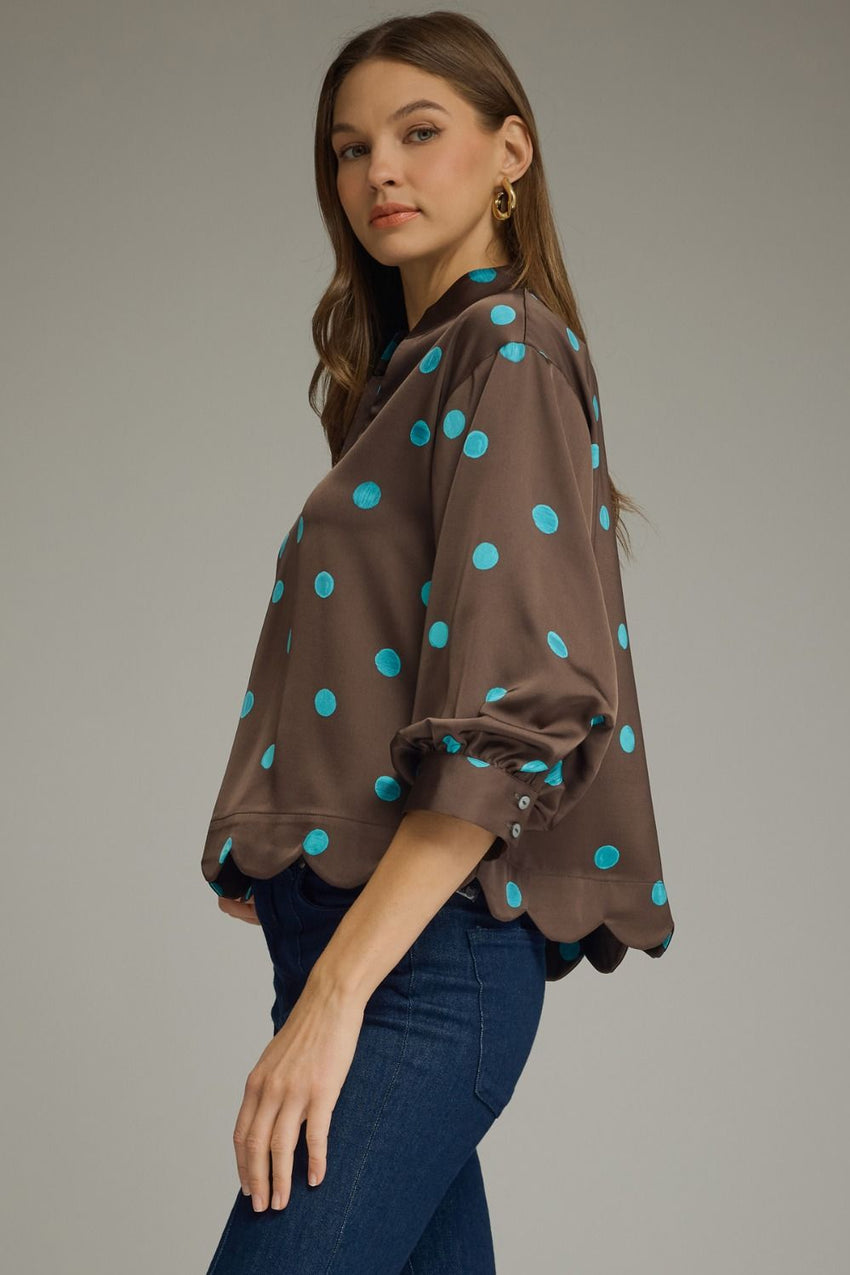 T31070 Brown/Turq Dot Blouse