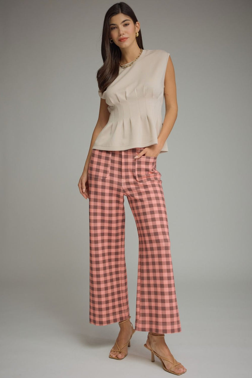 P32221 Gingham Wide Leg Knit Pant
