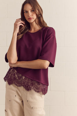 T31290 Burgundy Scallop Lace Top