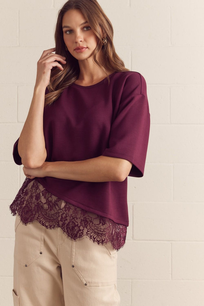 T31290 Burgundy Scallop Lace Top