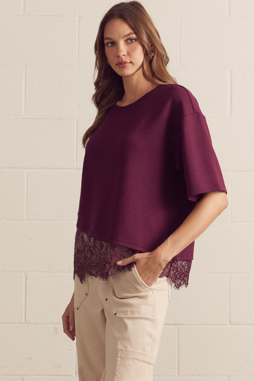 T31290 Burgundy Scallop Lace Top