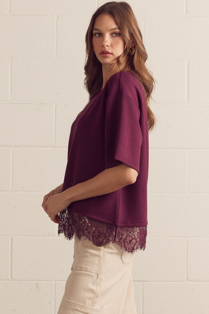 T31290 Burgundy Scallop Lace Top