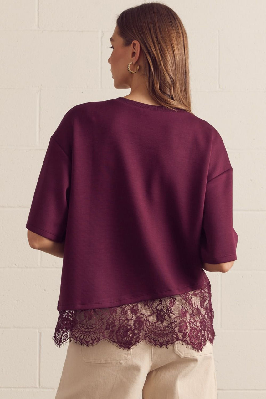 T31290 Burgundy Scallop Lace Top