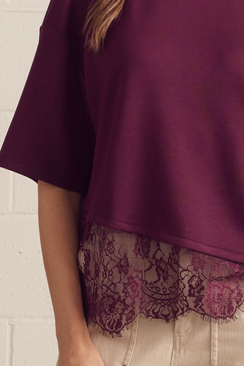 T31290 Burgundy Scallop Lace Top