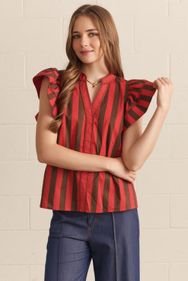 T29158 Red Brown Striped Flutter Slv Top