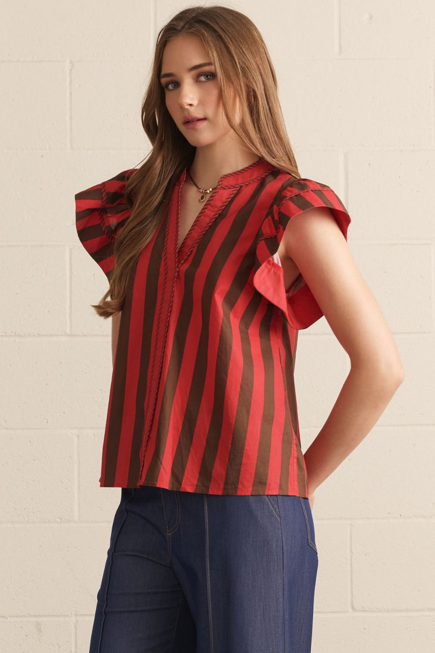 T29158 Red Brown Striped Flutter Slv Top