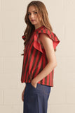T29158 Red Brown Striped Flutter Slv Top