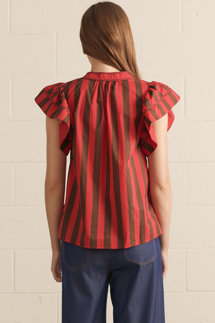 T29158 Red Brown Striped Flutter Slv Top