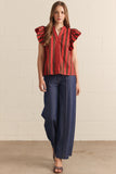 T29158 Red Brown Striped Flutter Slv Top