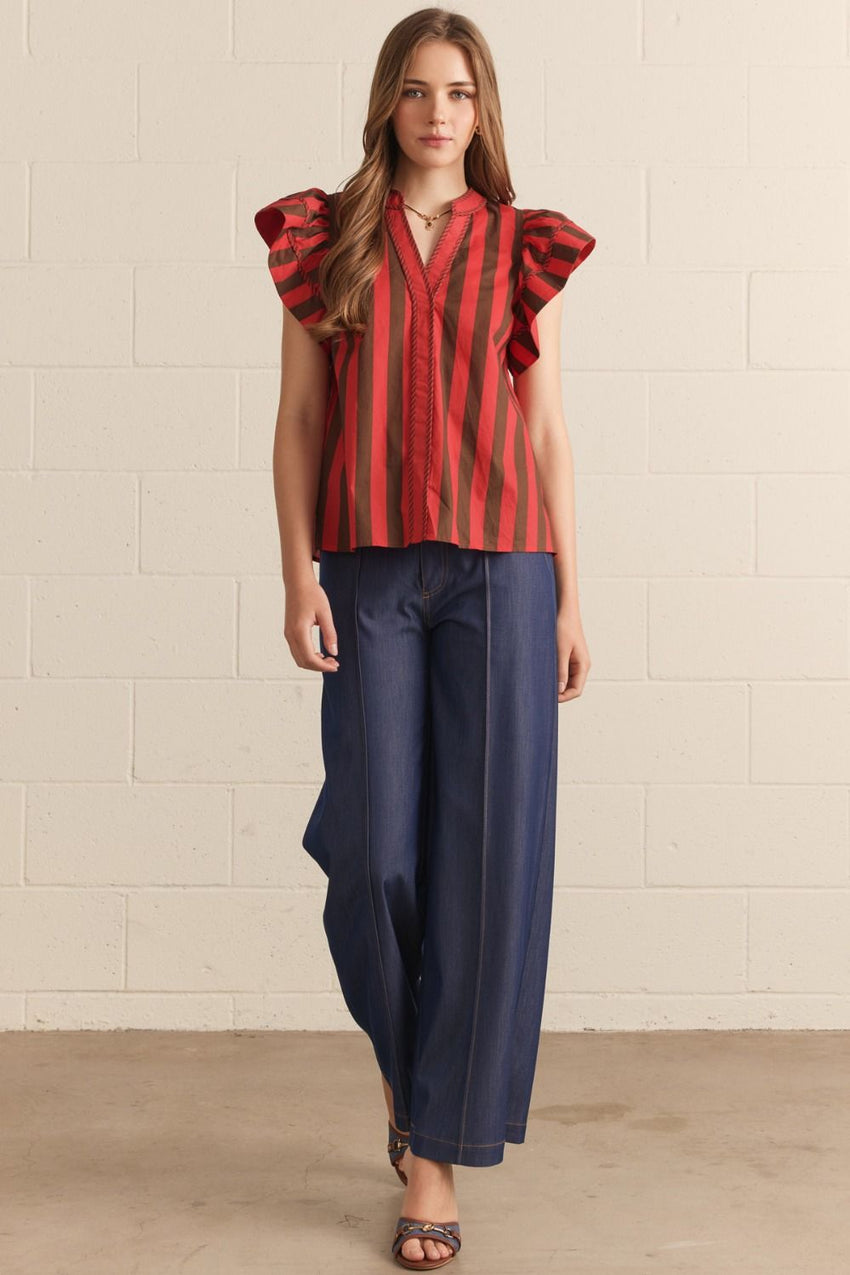 T29158 Red Brown Striped Flutter Slv Top