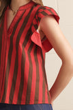 T29158 Red Brown Striped Flutter Slv Top