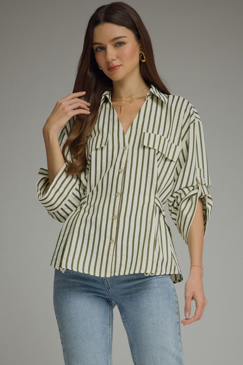 T32643 Olive Striped Blouse