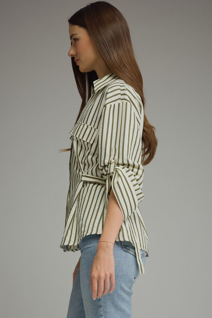 T32643 Olive Striped Blouse