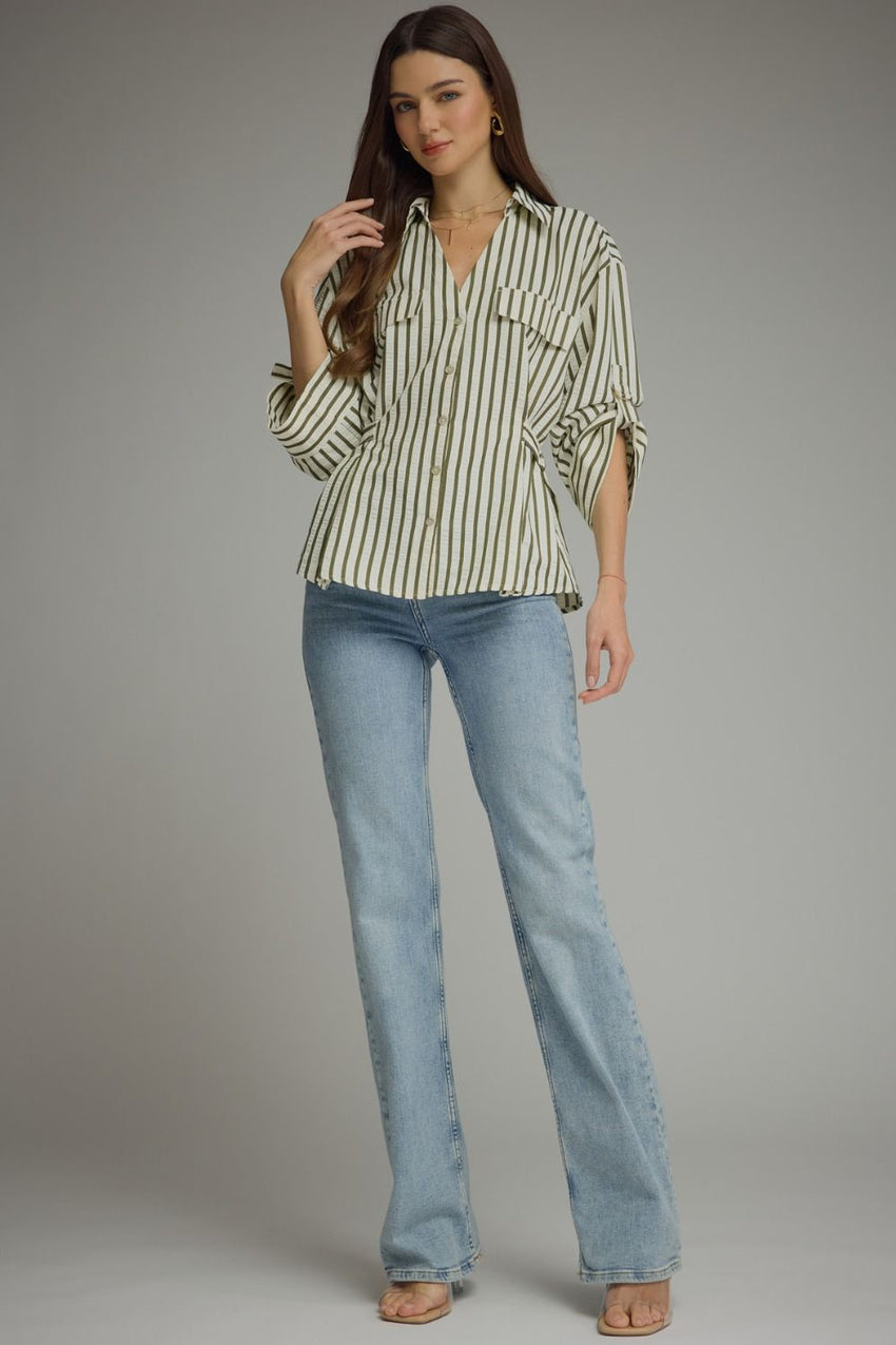 T32643 Olive Striped Blouse