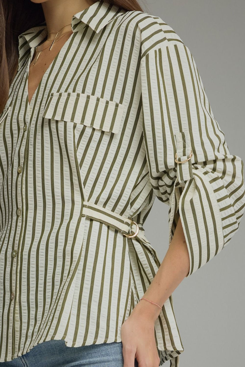 T32643 Olive Striped Blouse