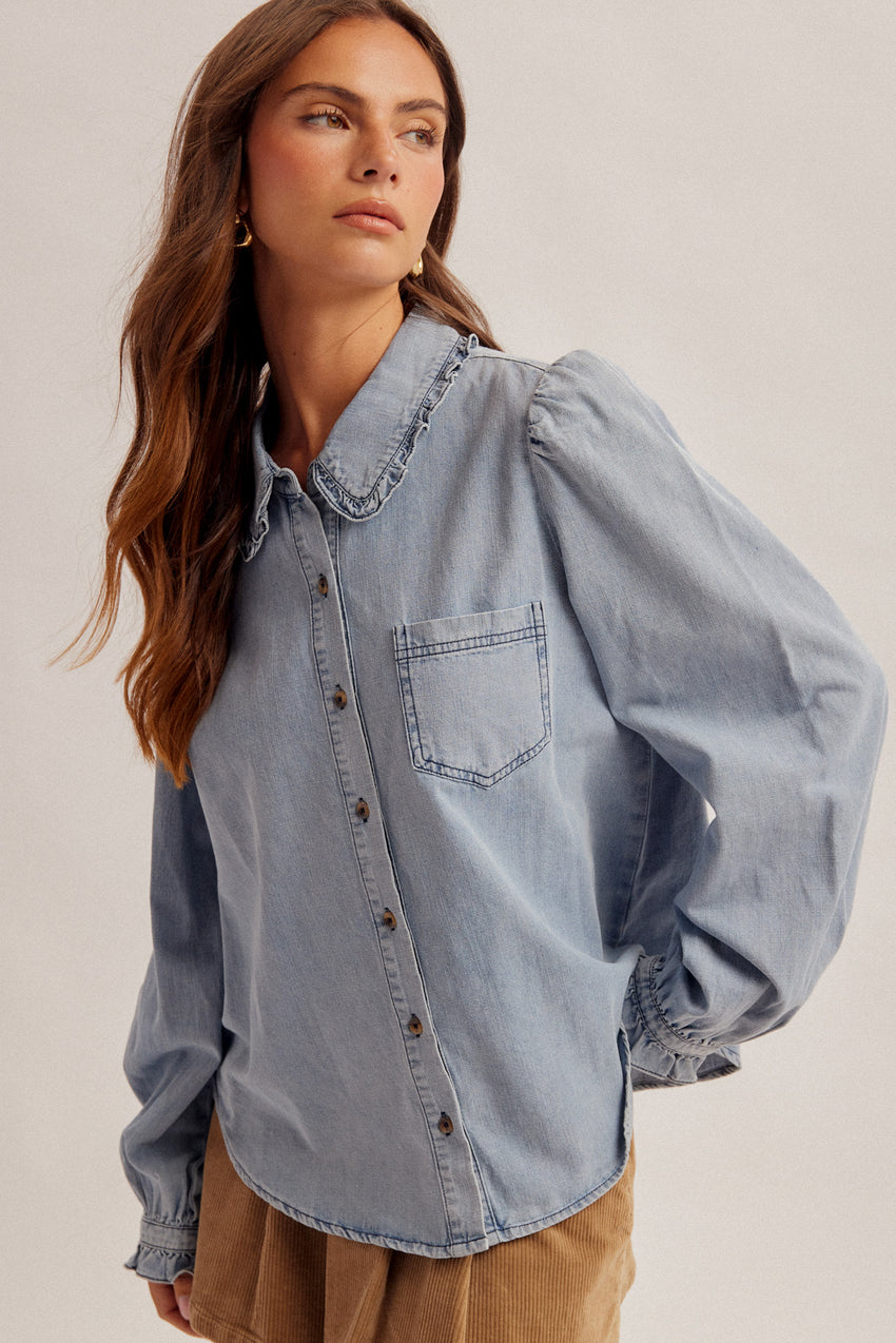 34512 Denim Frill Edge Button Down