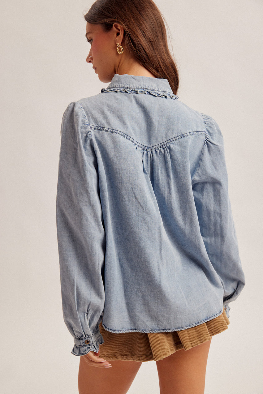 34512 Denim Frill Edge Button Down