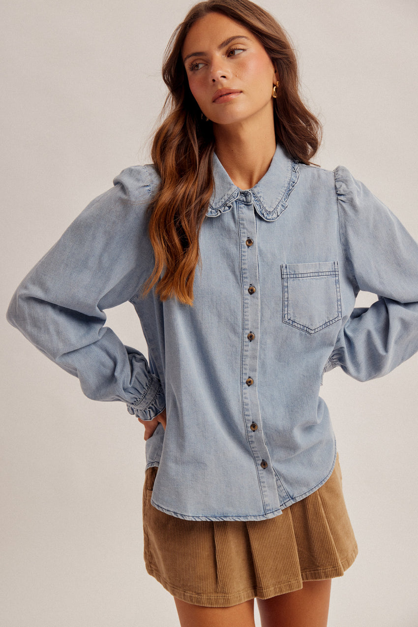 34512 Denim Frill Edge Button Down