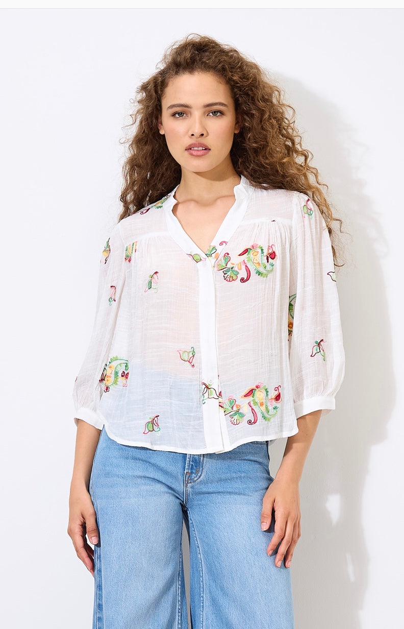 PAISLEY EMBROIDERED SLUB SHIMMER BLOUSE