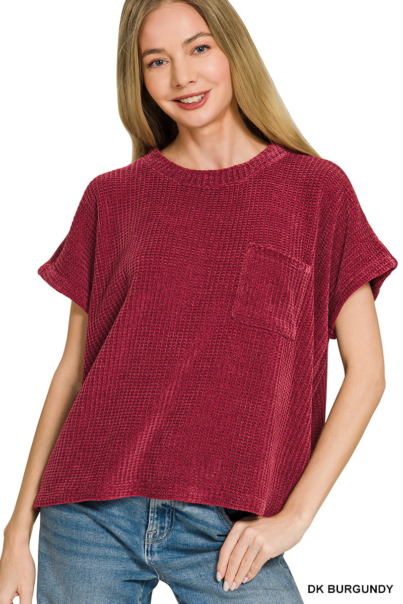 HW-2796Y Chenille SS Waffle Sweater