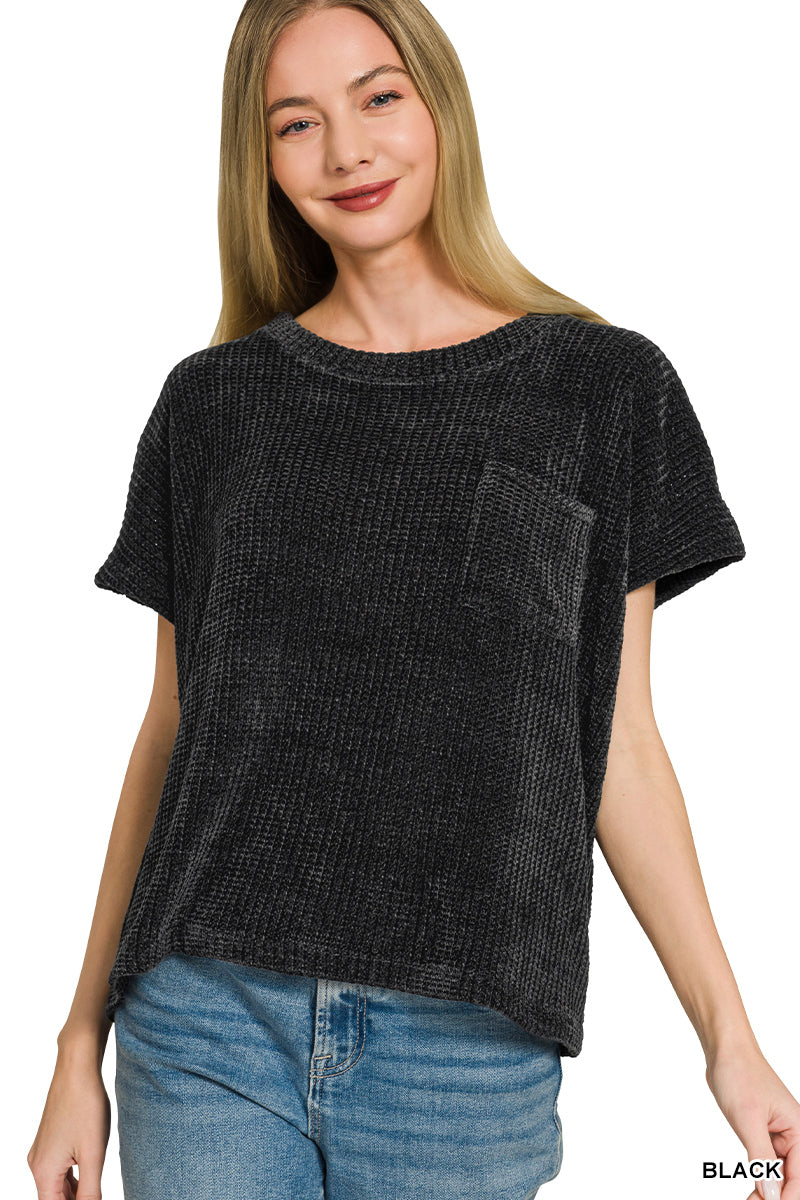 HW-2796Y Chenille SS Waffle Sweater