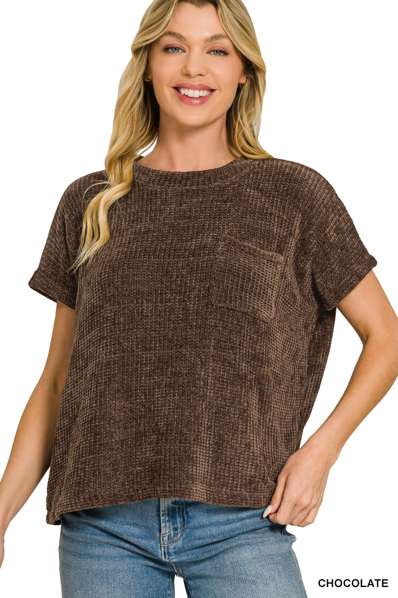 HW-2796Y Chenille SS Waffle Sweater