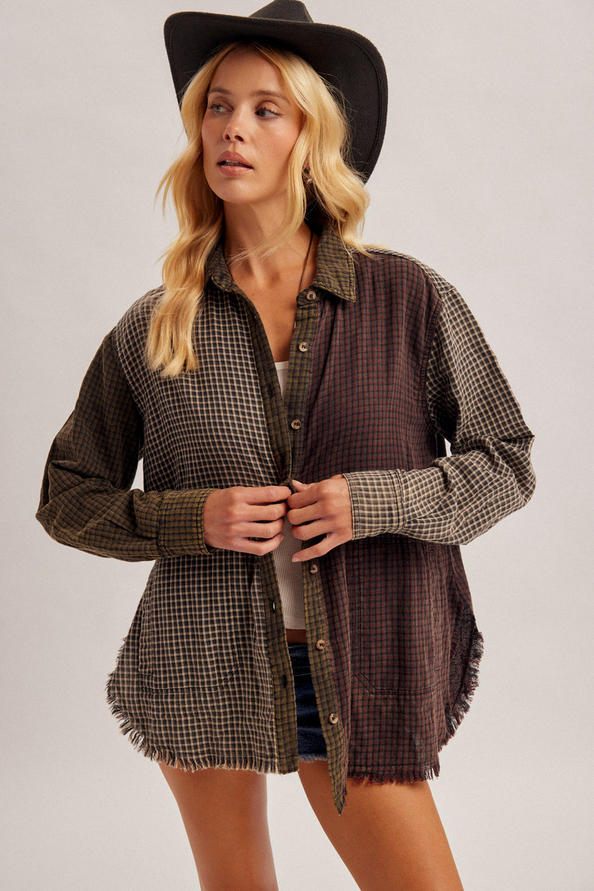 36943 Mixed Checker Print Button Down