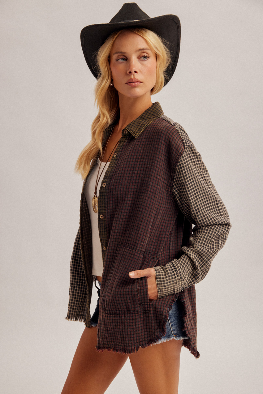 36943 Mixed Checker Print Button Down