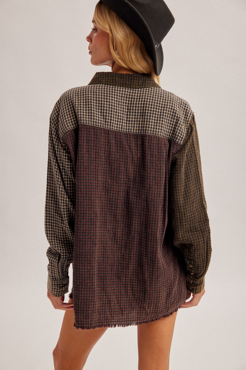 36943 Mixed Checker Print Button Down