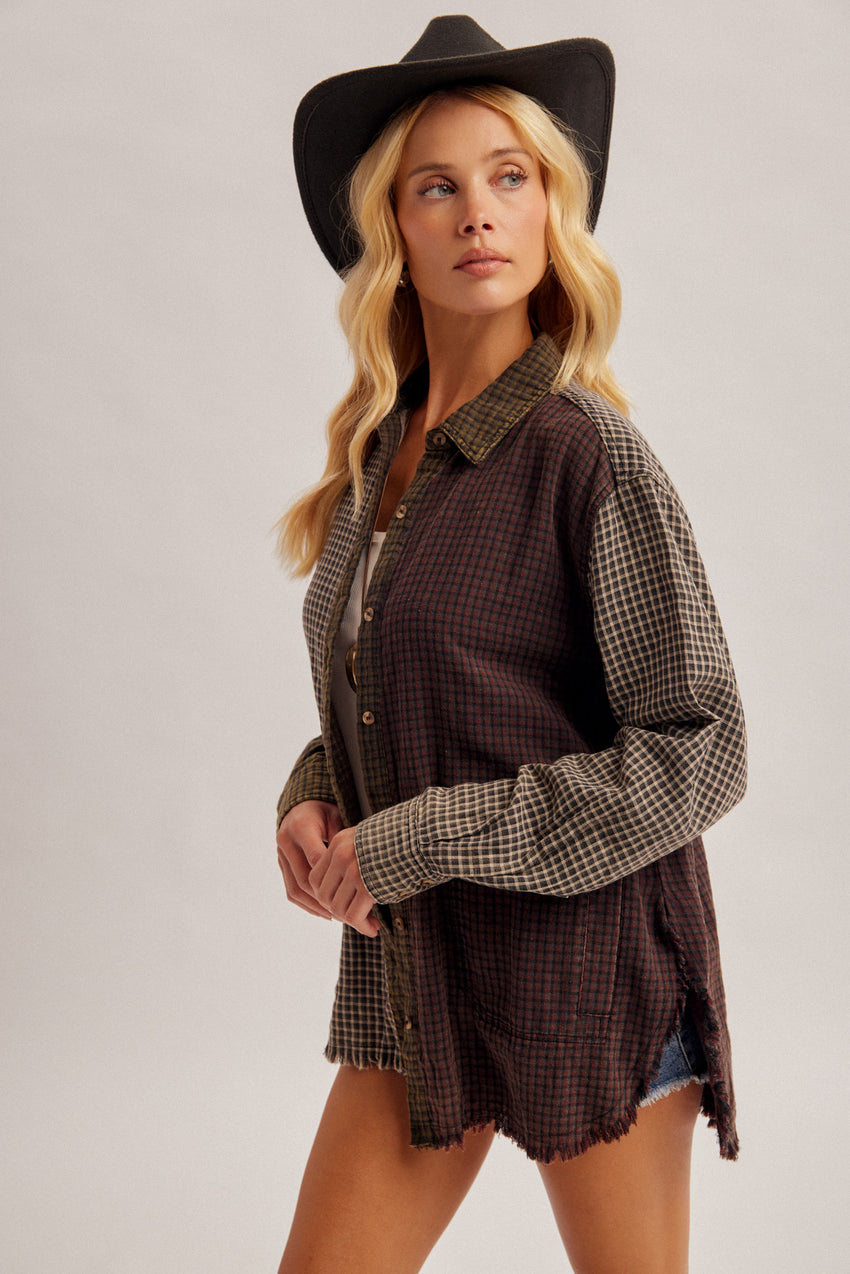 36943 Mixed Checker Print Button Down