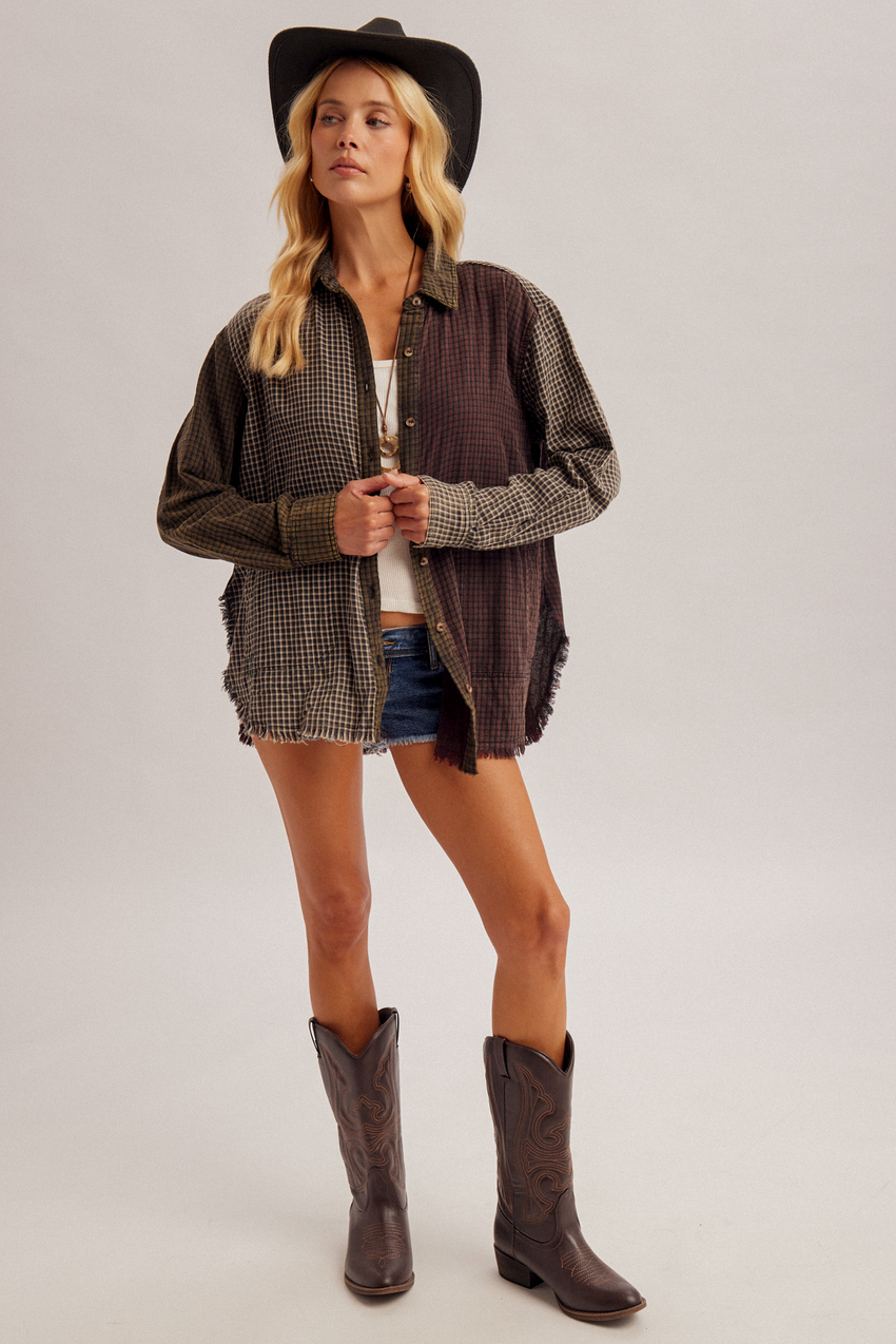 36943 Mixed Checker Print Button Down